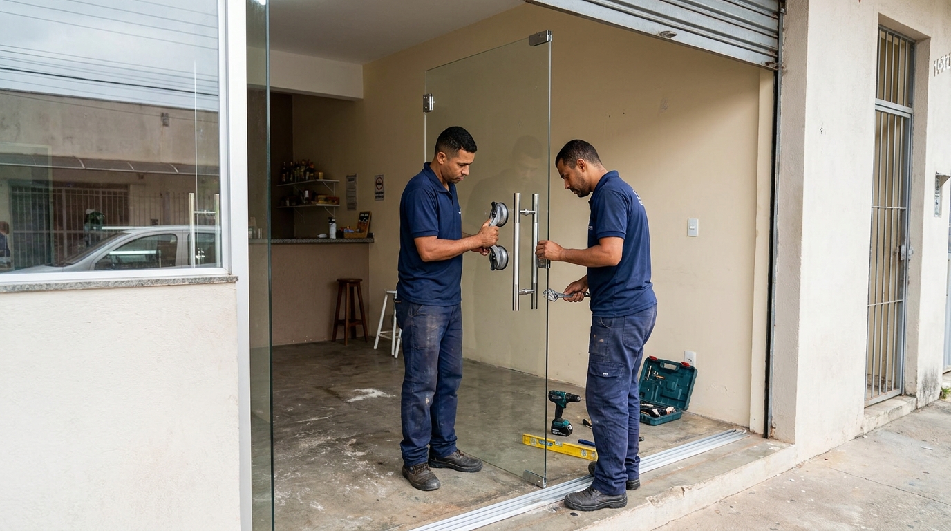 Dupla instalando porta de vidro em loja em Patos de Minas-MG